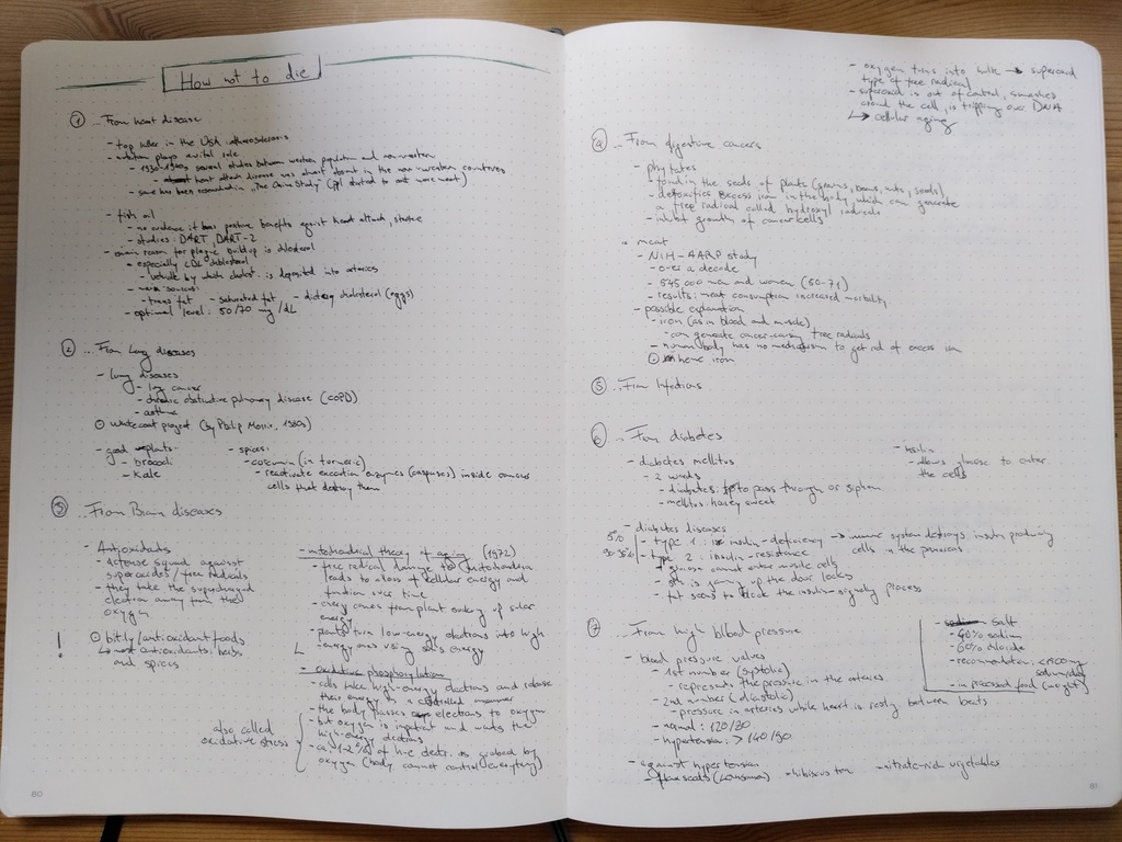 Figure 3: Taking notes in a A4 notebook (notes for How not to die)